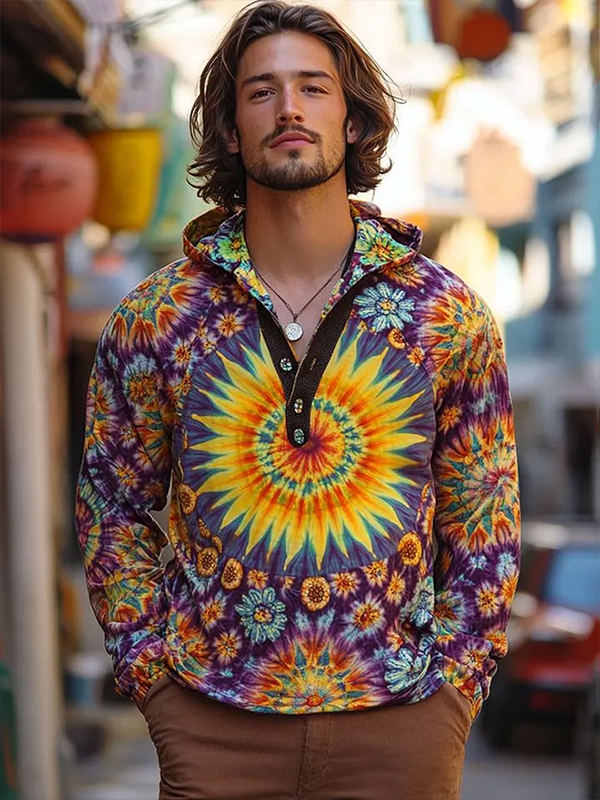 Men's Sunflower Datura Tie-Dye Art Print Hooded Shirt