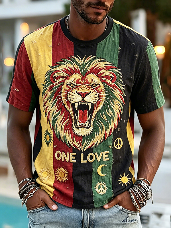 Men's  Lion Reggae Music One Love Art Print T-Shirt