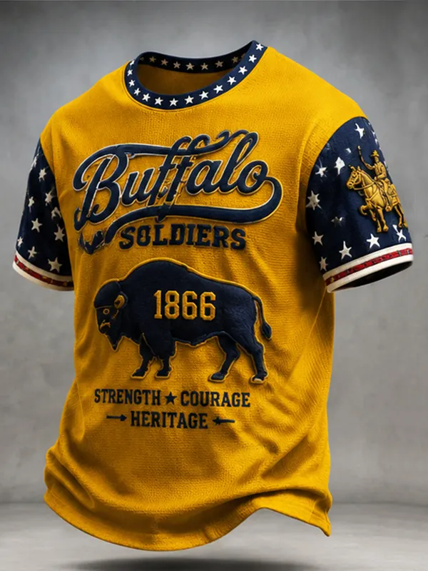 Men's Buffalo Soldiers 1866 Bison American Flag Art Print T-Shirt