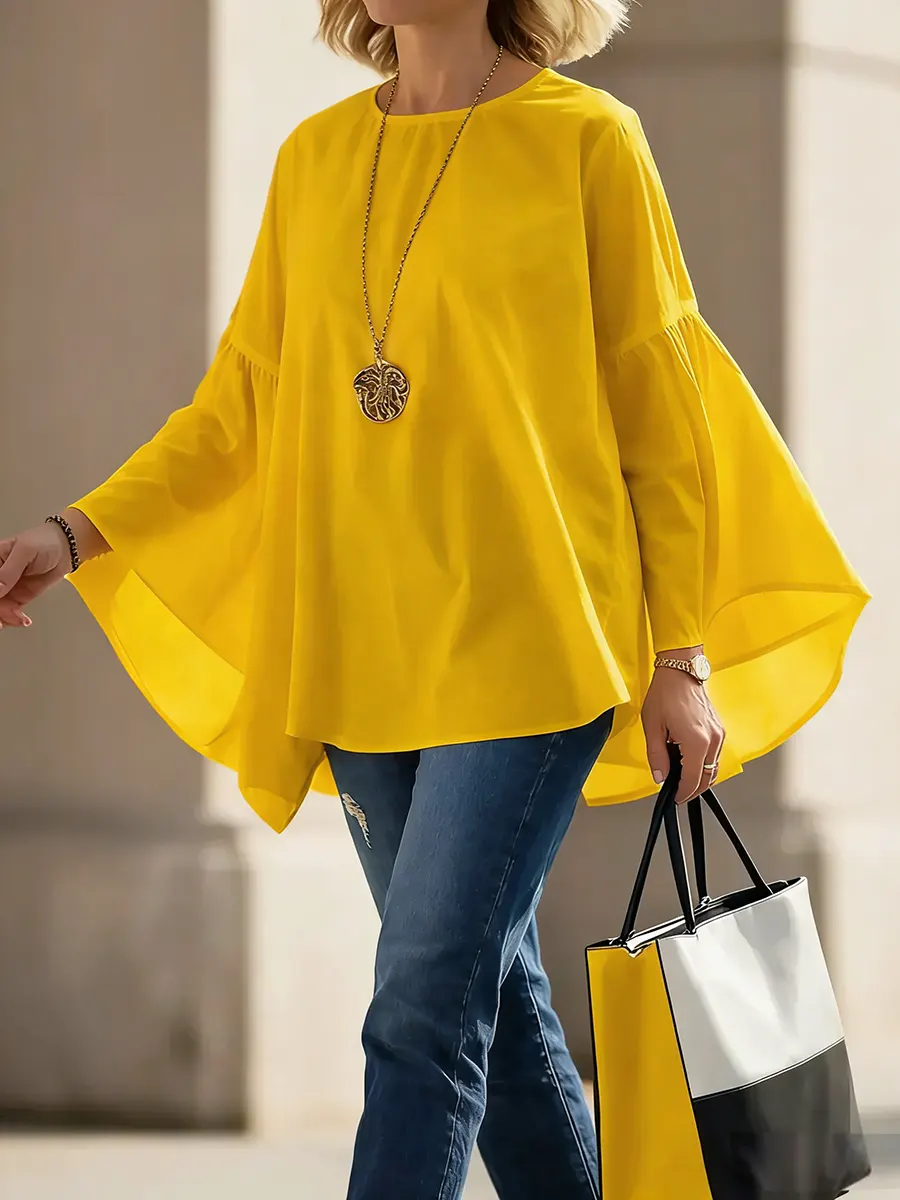 Women's Solid Color Round Neck Batwing Sleeve Casual Loose-fitting Cotton And Linen Top.