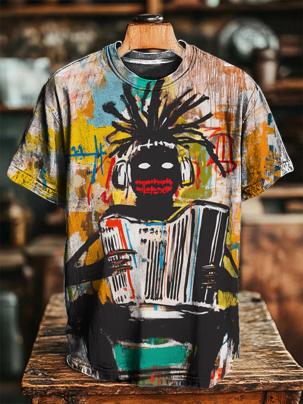 Men's Abstract Doodle Drawing Cartoon Character Playing An Accordion Print T-Shirt