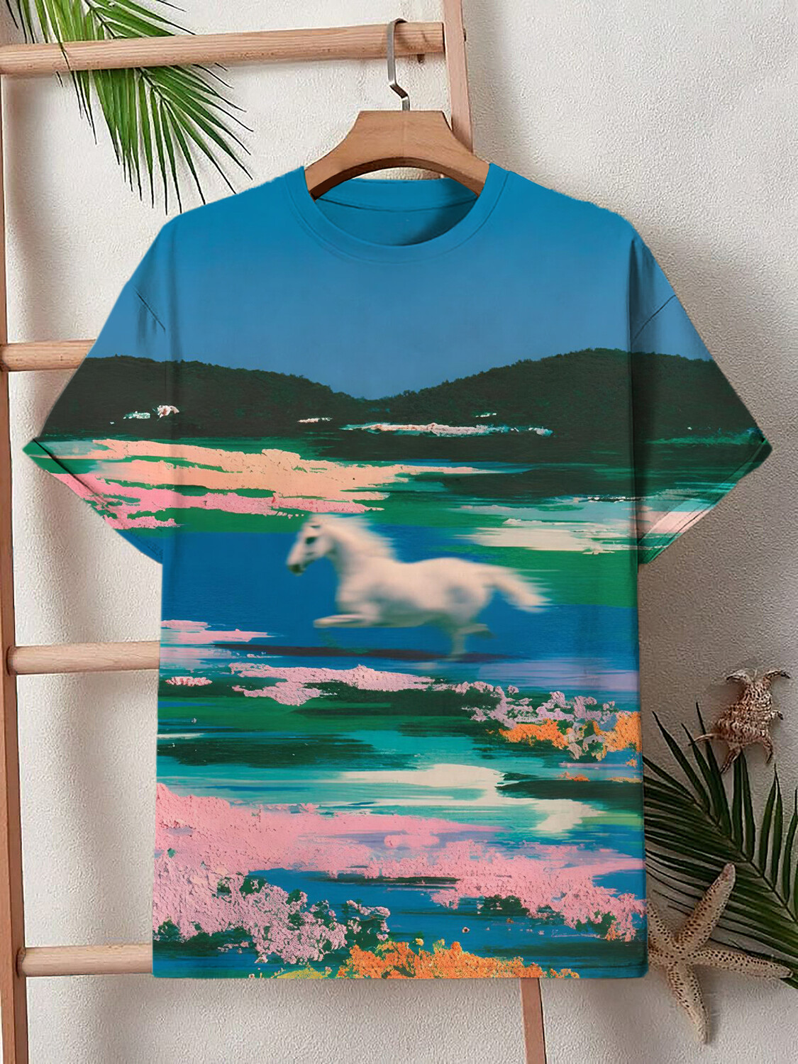 Men's Horse Flower Field Art Print Casual T-Shirt