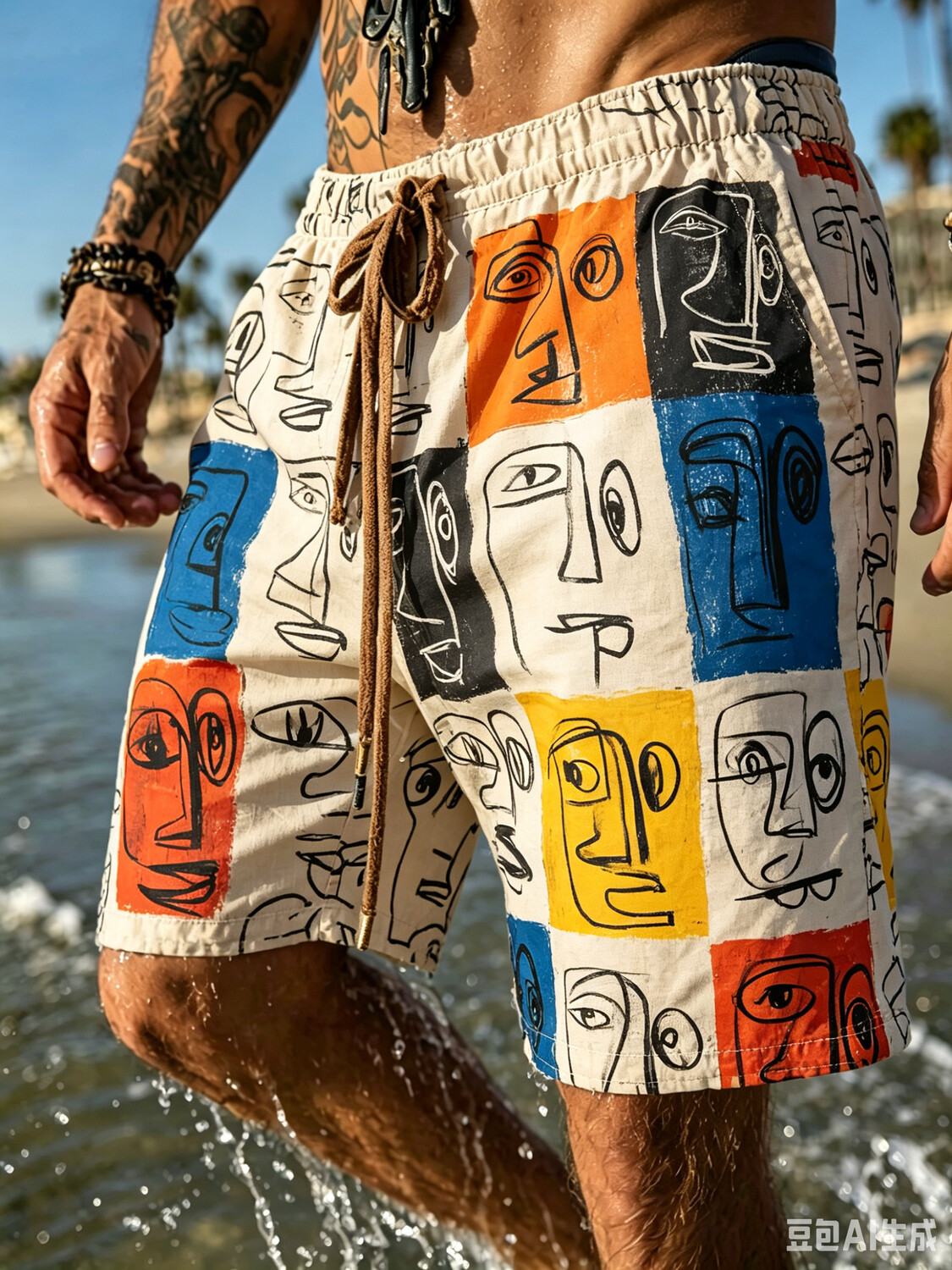 Men's Abstract Face Patchwork Print Casual Shorts
