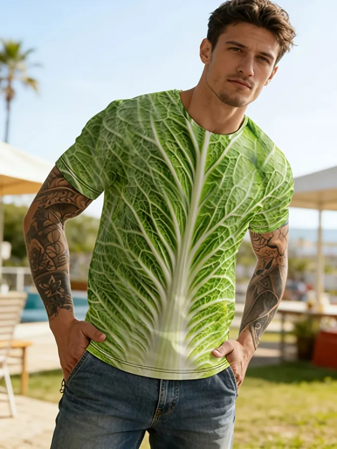 Men's Realistic Cabbage Leaf Novelty Print T-Shirt