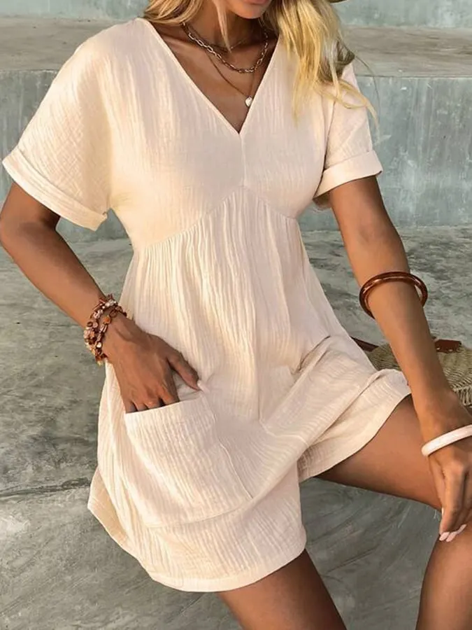 Women's Fashion Solid Color V Neck Loose Bat Sleeve Pocket Zipper Short Sleeve Jumpsuit