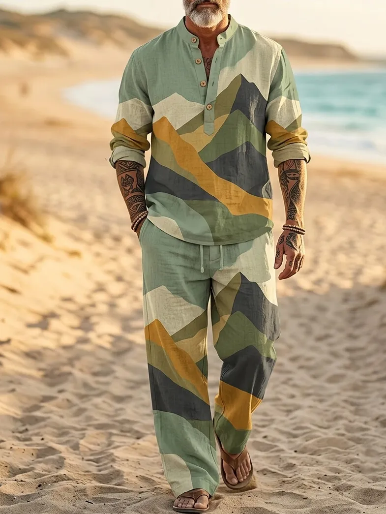 Men's Mountain Geometric Print Half Button Long Sleeve Shirt Pants 2pcs Set