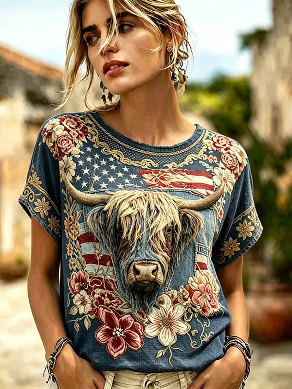 Women's Western-Style Cattle Floral USA Flag Print Casual T-Shirt