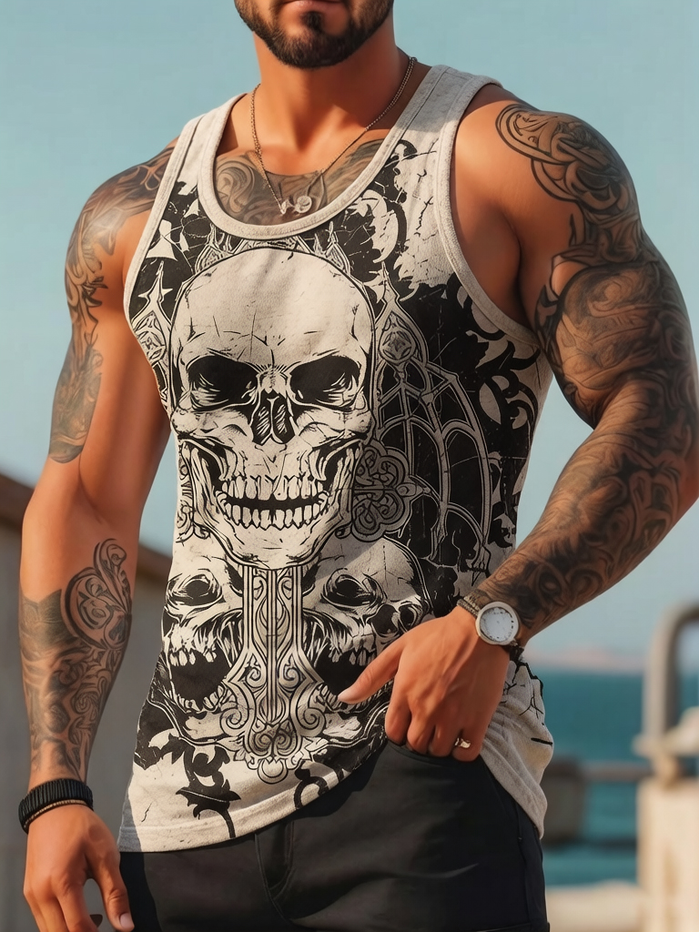 Men's Dark Skeleton Art Print Tank Top