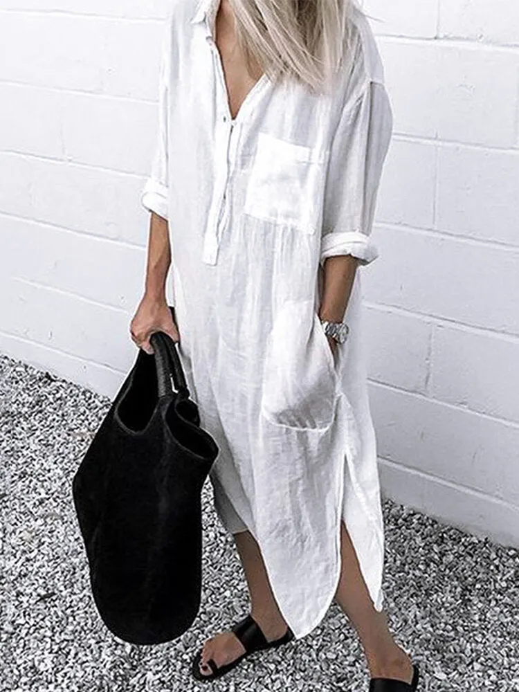 Mono Color Button Lapel Irregular Hem Shirt Women Maxi Dress