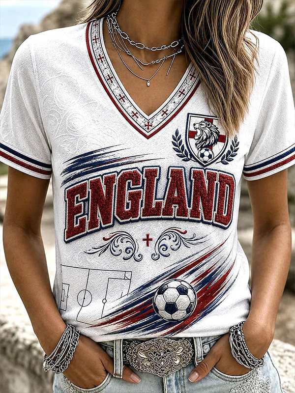 Women's England Football Art Print V Neck Short Sleeve T-Shirt