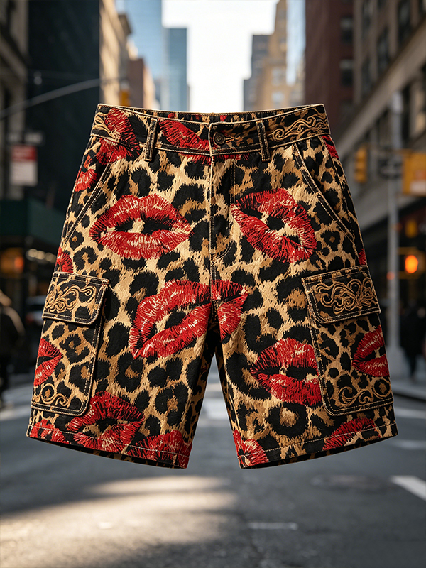 Men's Leopard Red Lip Art Print Casual Shorts