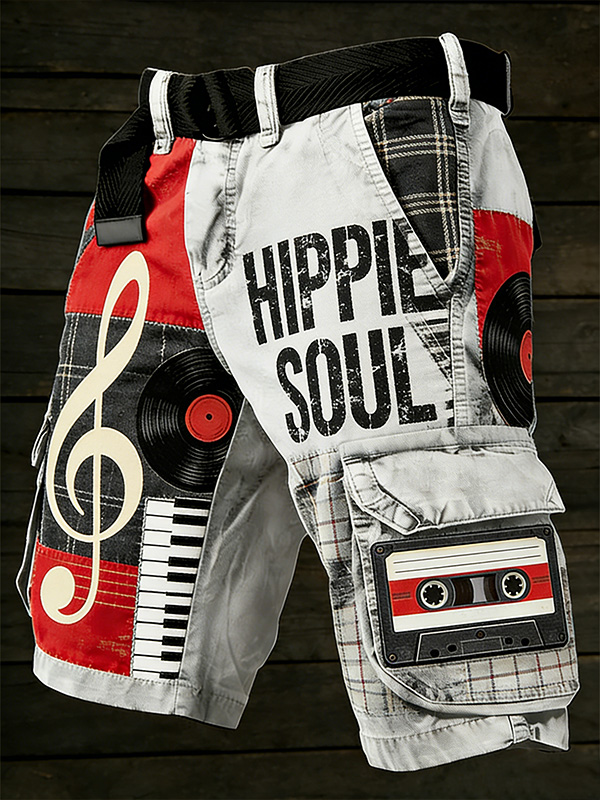 Men'S Retro Hippie Soul Color Patchwork Art Print Denim-Like Casual Shorts