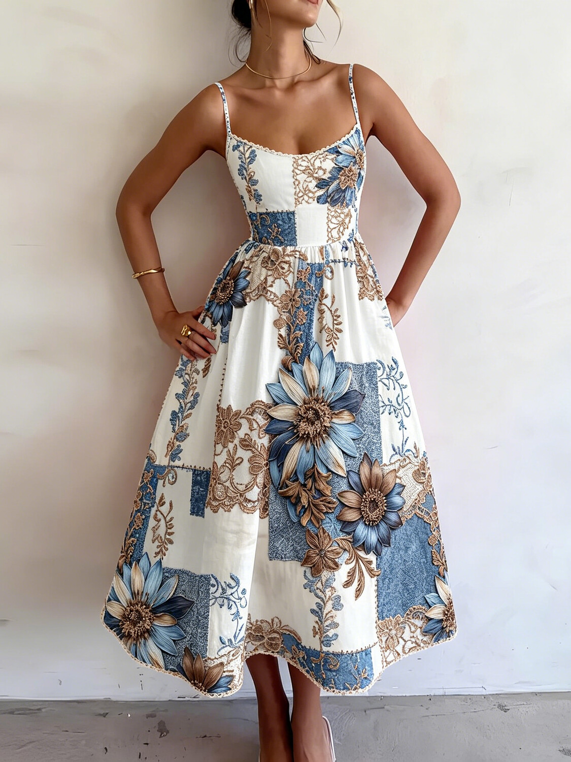 Women's Retro Floral Stitching Art Print Cami Midi Dress