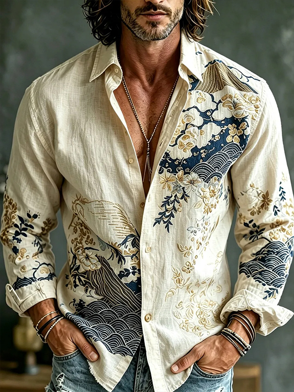 Men's Landscape Plants Japanese Art Print Long Sleeve Shirt