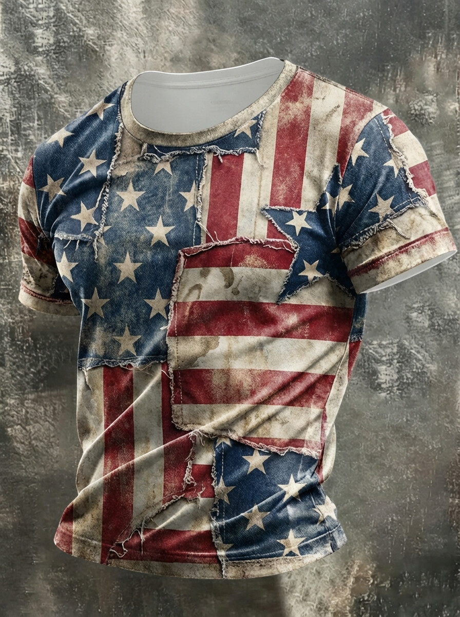 Men's Stars Stripes Patchwork Print Casual T-Shirt