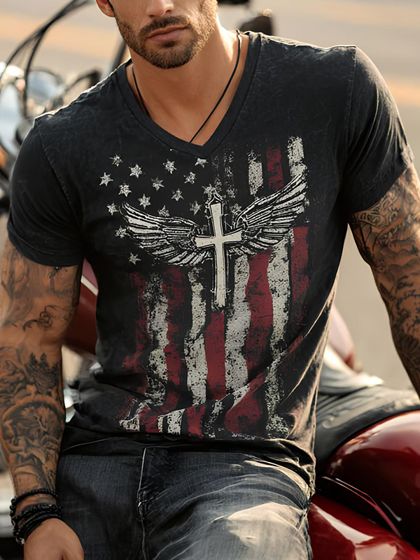Men's American Flag Winged Cross Art Print V Neck T-Shirt