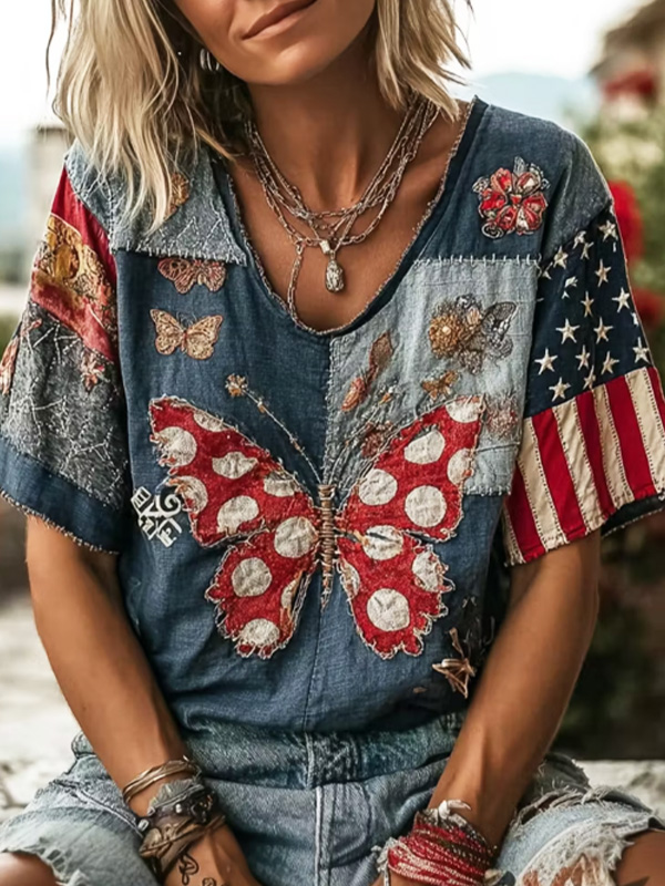 Women's American Flag Butterfly Patchwork Art Print Casual V Neck T-Shirt
