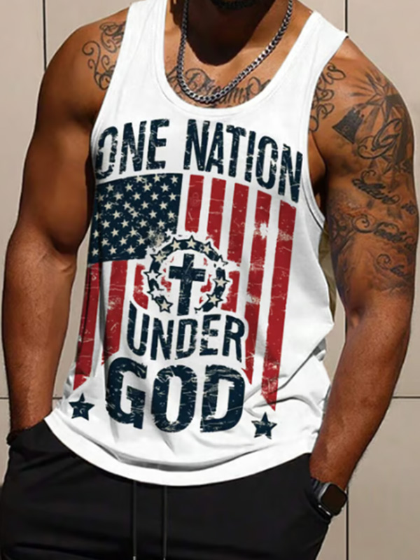 Men's One Nation Under God Cross American Flag Print Tank Top