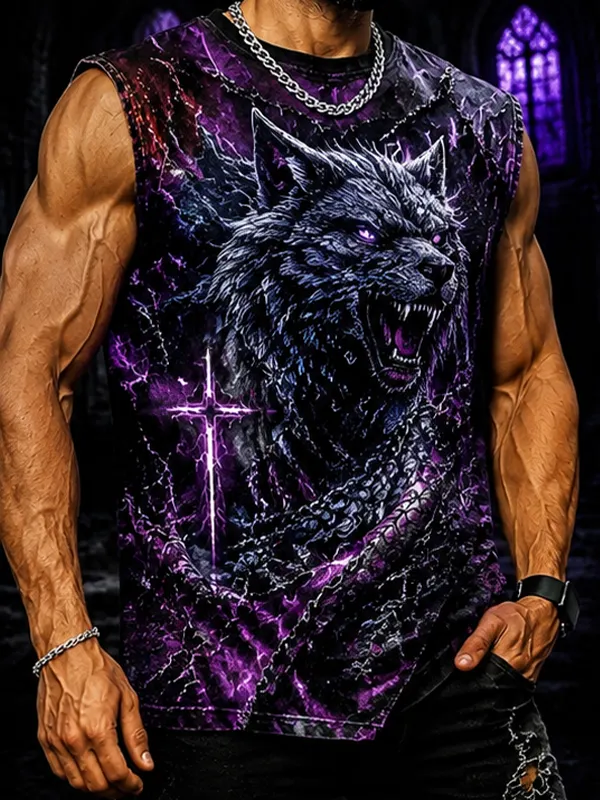 Men's Lightning Wolf Cross Gothic Art Print Tank Top