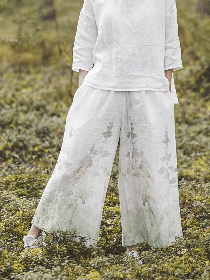 Women's Gradient Forest Print Linen Wide-Leg Pants