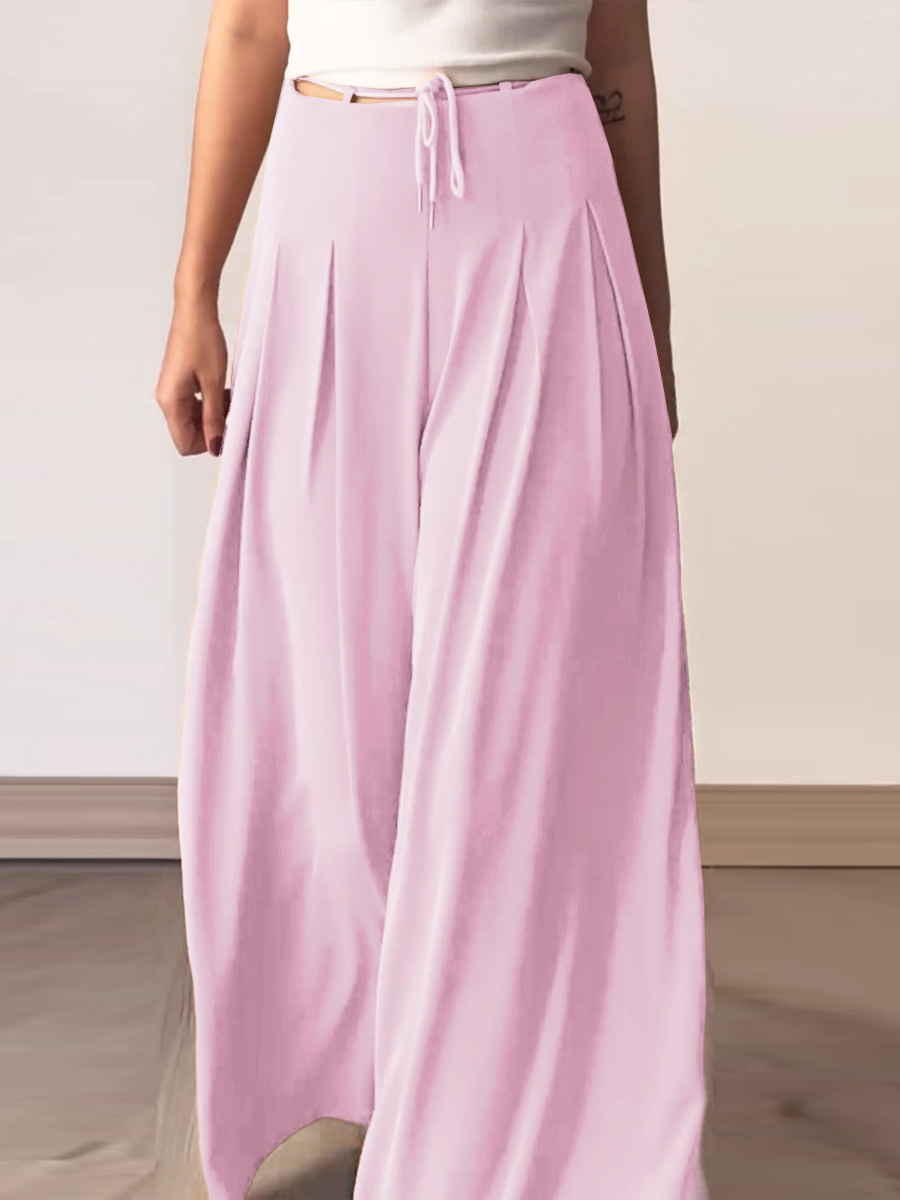 Women's Summer Solid Color High Waist Lace-up Loose Casual Cotton and Linen Wide Leg Pants