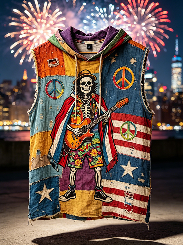 Men's Colorblock Skull Playing Guitar Peace Sign Print Hooded Tank Top