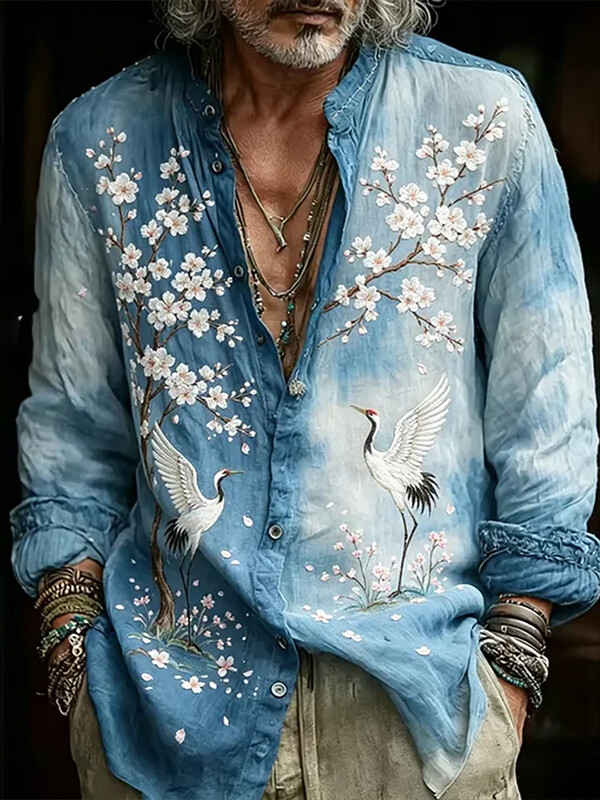 Men's Gradient Crane And Japanese Cherry Blossom Art Print Long Sleeve Shirt
