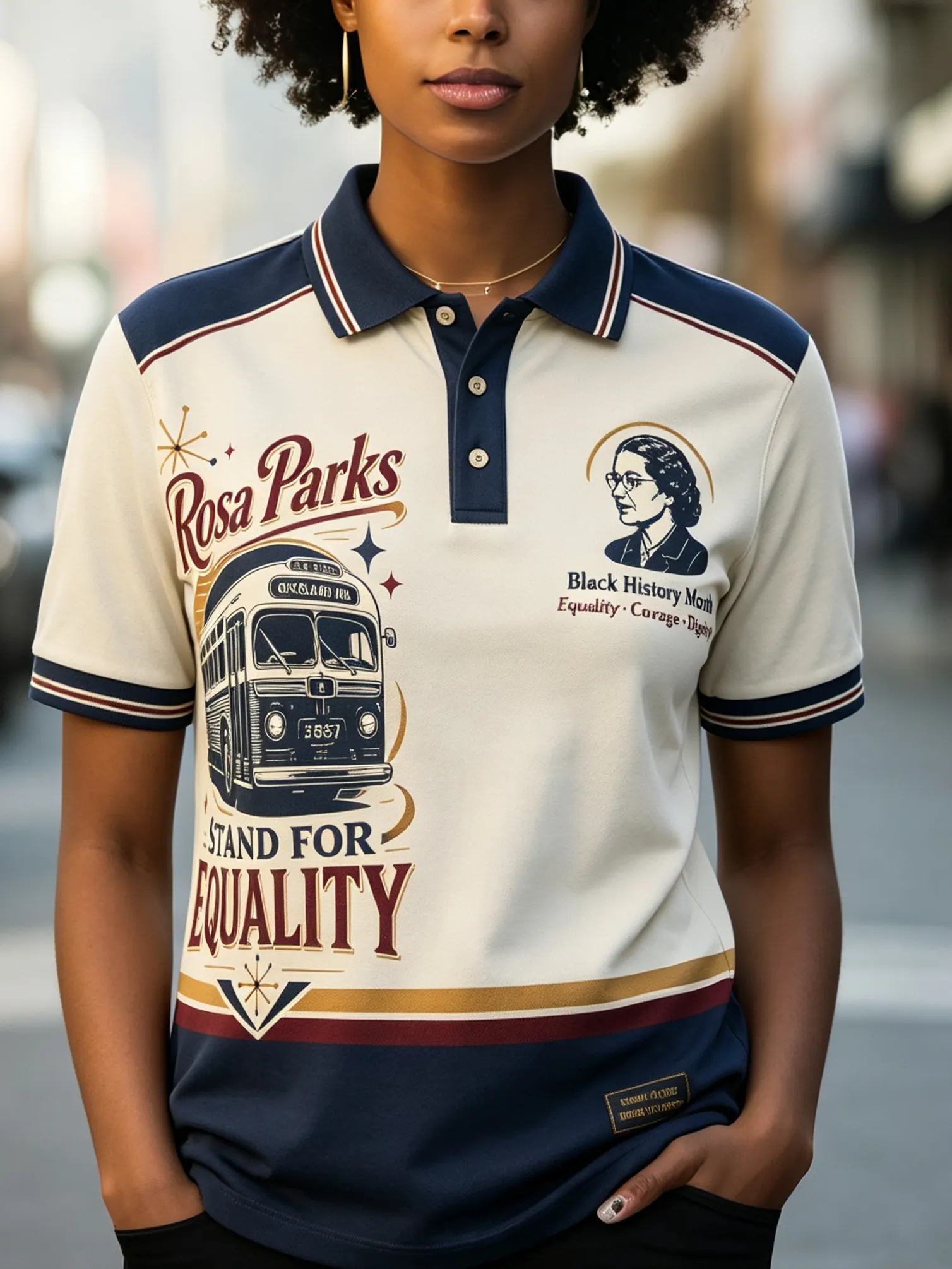 Women's Rosa Parks Vintage Bus Stand For Equality Black History Month Print Casual Polo Shirt