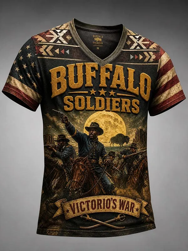 Men's Buffalo Soldiers Victorio's War Illustration Print Casual V Neck T-Shirt