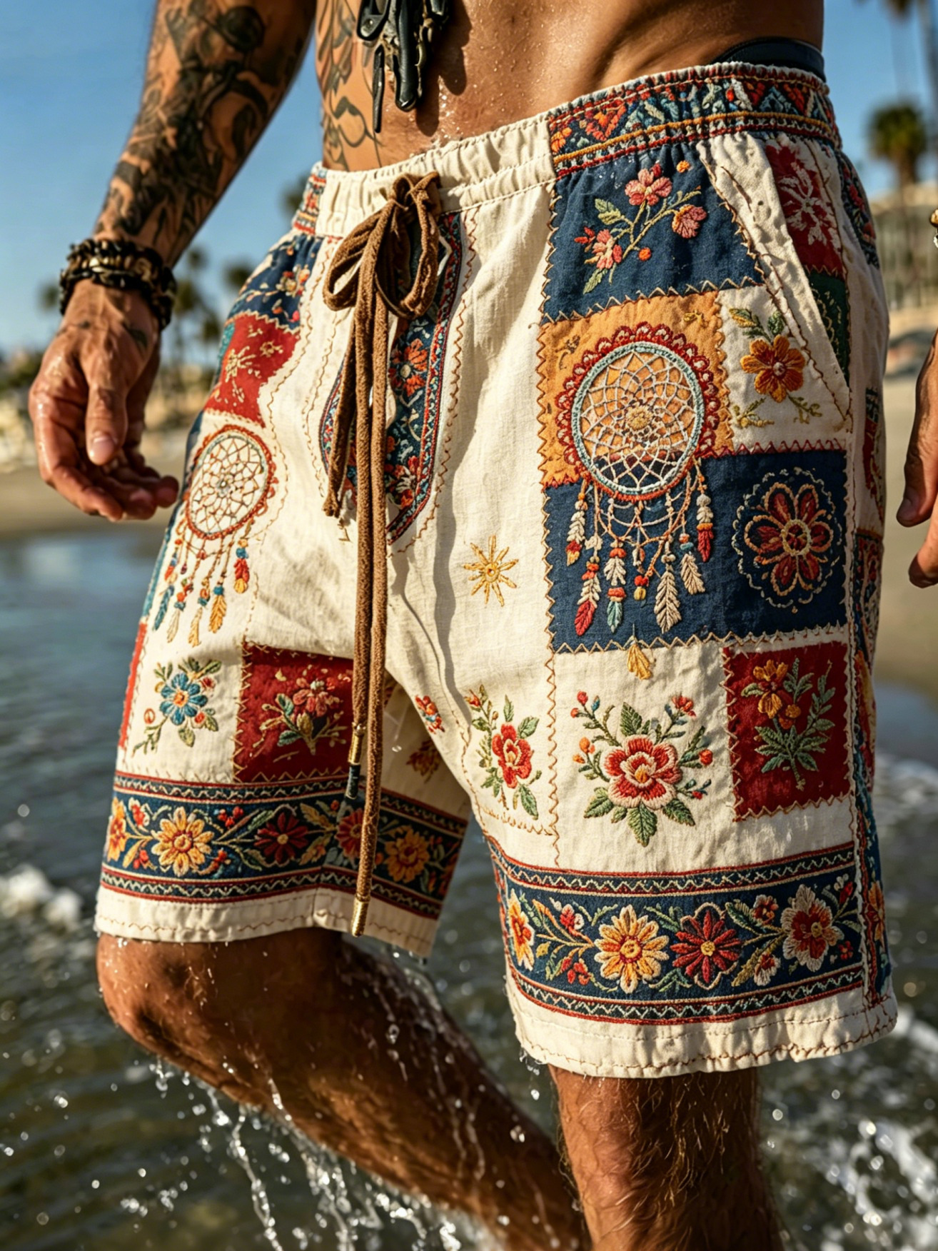Men's Dreamcatcher Flowers Geometric Patchwork Art Print Casual Hawaiian Shorts