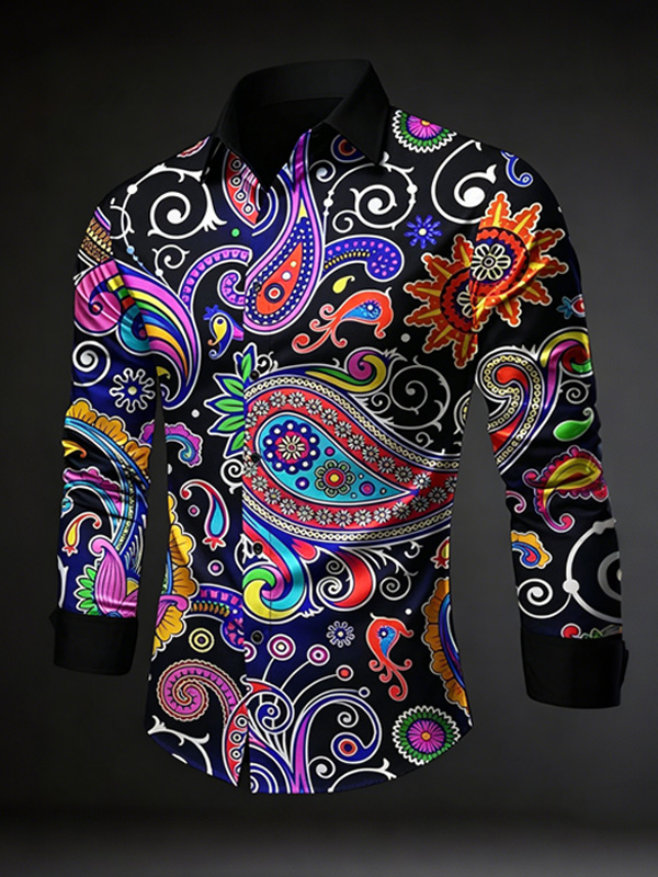 Men's Retro Hippie Art Colored Paisley Print Long Sleeve Shirt