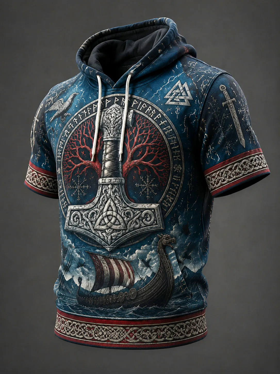 Men's Norse Mythology  Ancient Runes and Yggdrasil Tree Print Casual Hooded T-Shirt