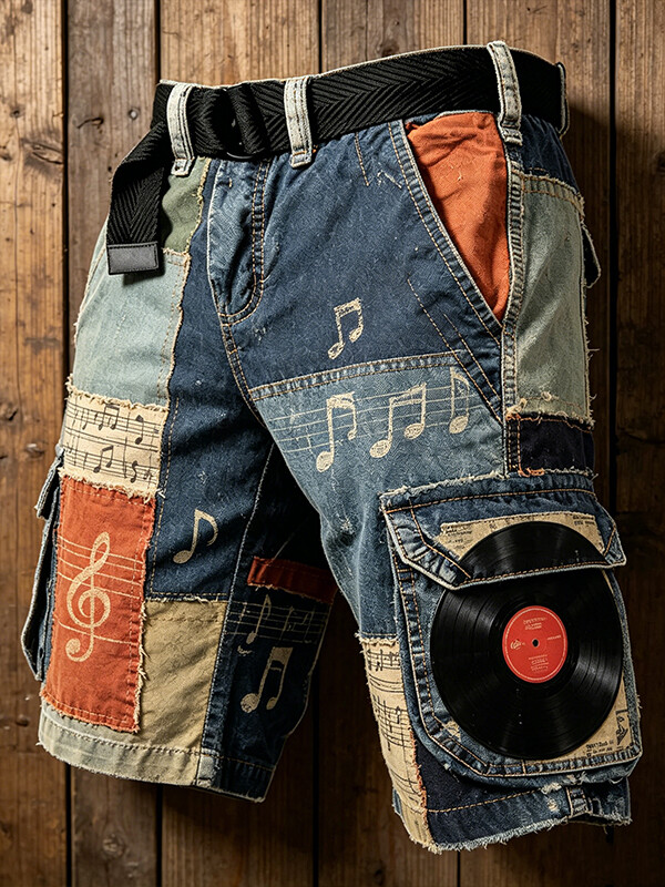 Men's Retro Vinyl Record Sheet Music Art Print Denim-Like Casual Shorts