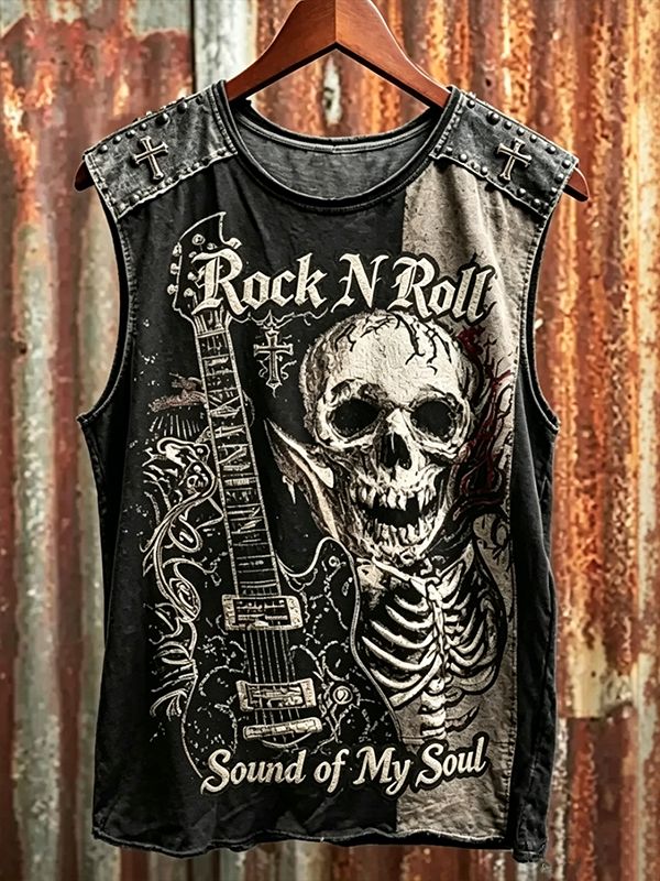 Men's Rock N Roll Skull Guitar Studded Art Print Tank Top