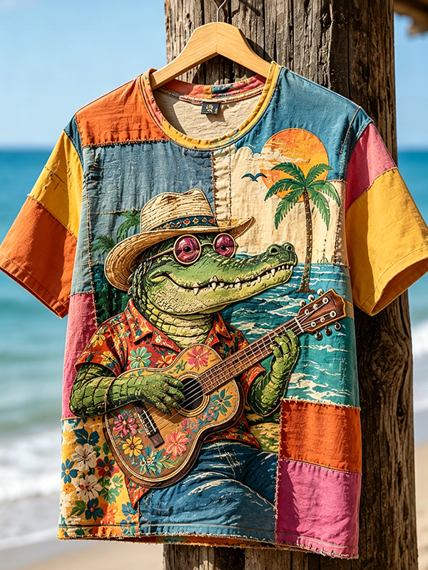 Men's Crocodile Playing Guitar Fun Holiday Patchwork Art Print T-Shirt