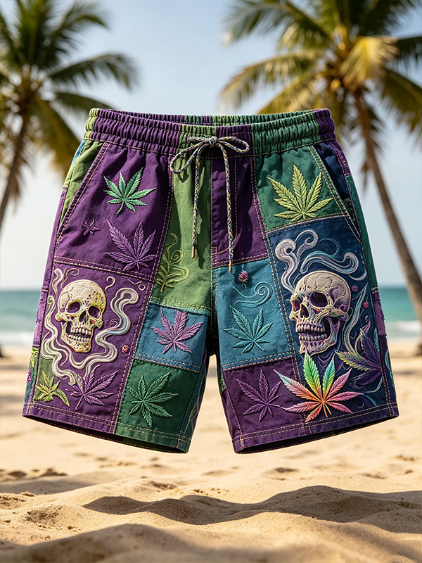 Men's Skull Cannabis Leaf Patchwork Print Casual Shorts