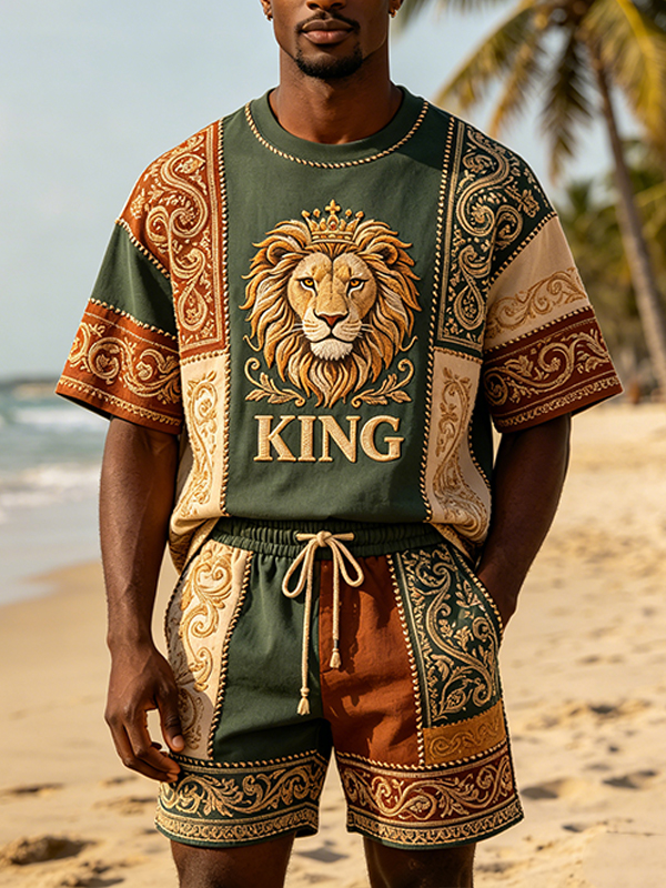 Men's Vintage Lion King Patchwork Art Print T-Shirt Shorts Set