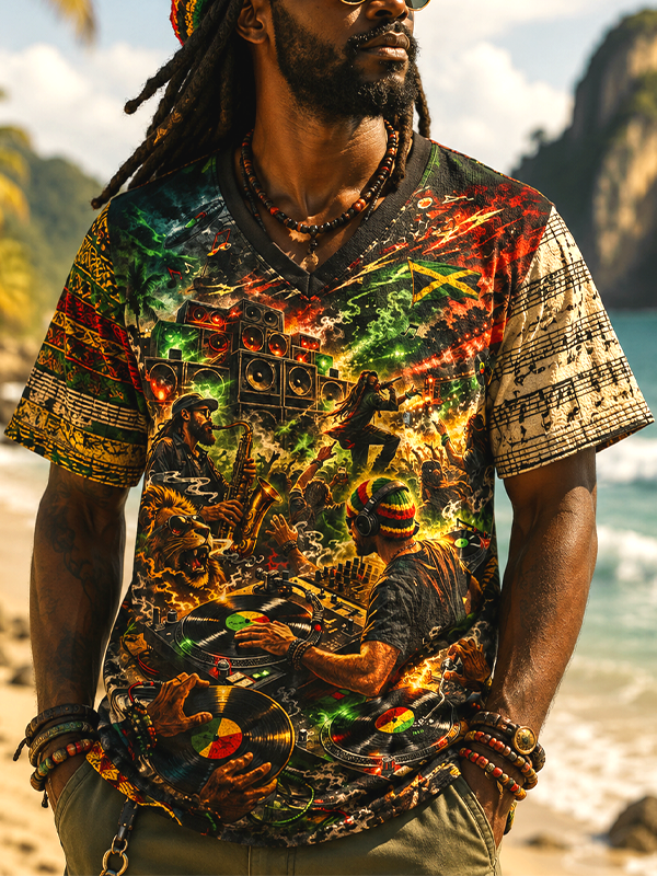 Men's Reggae Jamaican DJ Band Vinyl Record Music Note Art Print V Neck T-Shirt