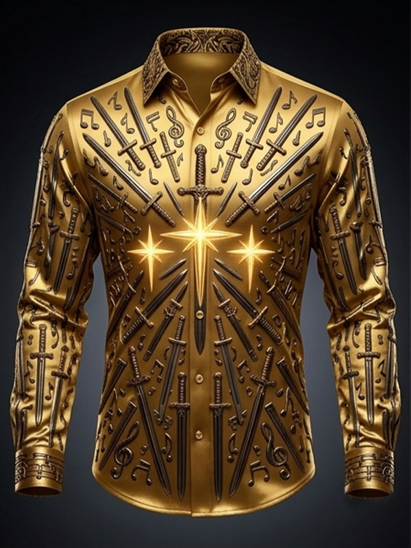Men's 3D Swords Musical Notes And Star Print Long Sleeve Shirt