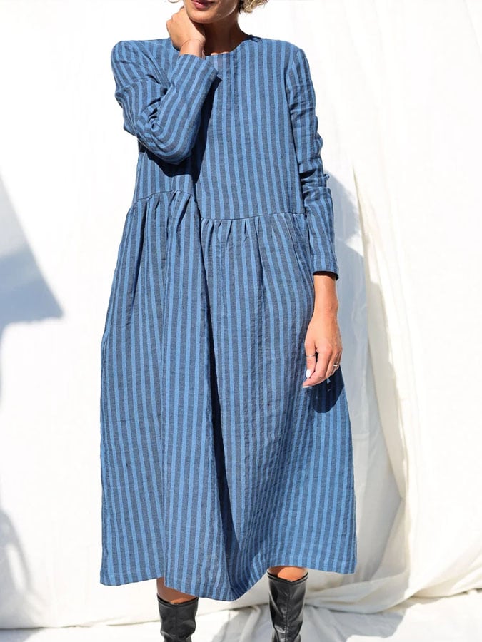 Women's Casual Solid Color Round Neck Long Sleeve Striped Print Dress
