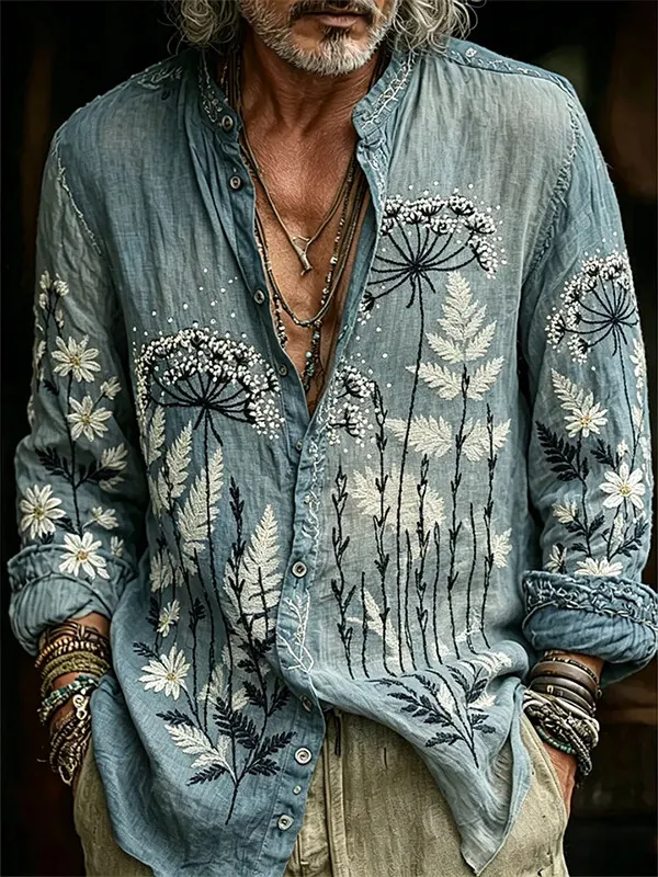 Men's Dandelion Daisy Art Print Long Sleeve Shirt