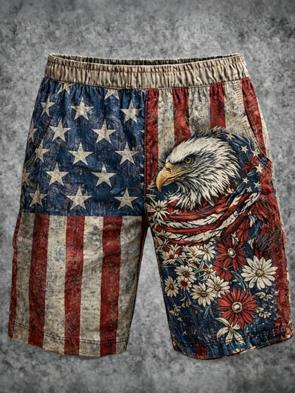 Men's American Flag Bald Eagle Print Casual Shorts