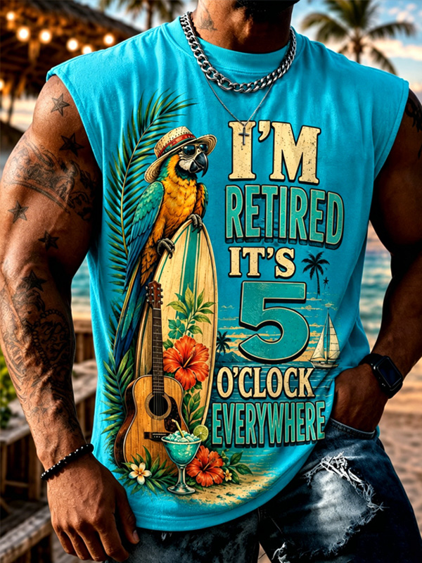 Men's Fun Vacation Parrot It's 5 O'clock Somewhere Print Tank Top