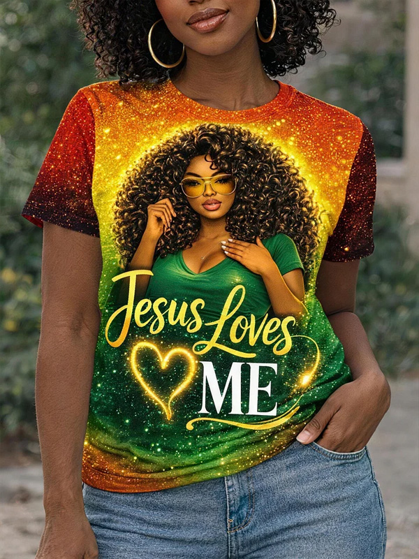 Women's Jesus Loves Me African Art Print Casual T-Shirt