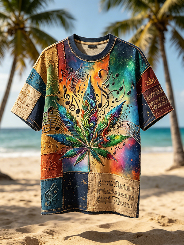 Men's Patchwork Rainbow Cannabis Leaf Music Note Print T-Shirt
