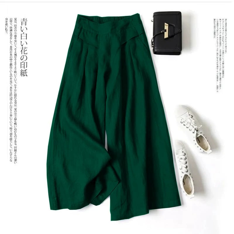 Women's Cotton Linen Culottes Pants Elastic Waist Wide Leg Palazzo Trousers Capri Pants with Pockets