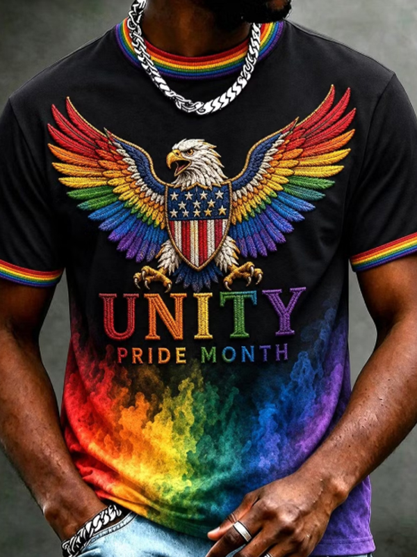 Men's Unity Pride Month Rainbow Eagle Fireworks On Independence Day Print T-Shirt