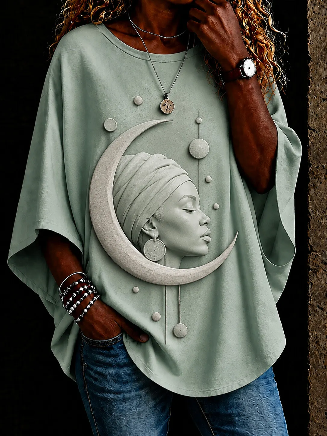 Women's Black Woman Head Wrap Crescent Moon Planet Art Print Casual T-Shirt