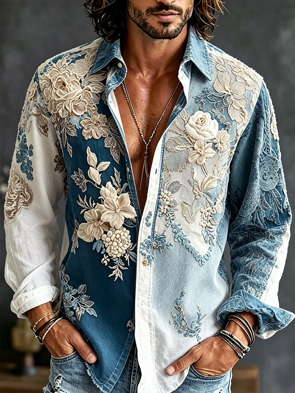 Men's Vintage Boho Flowers Art Print Long Sleeve Shirt