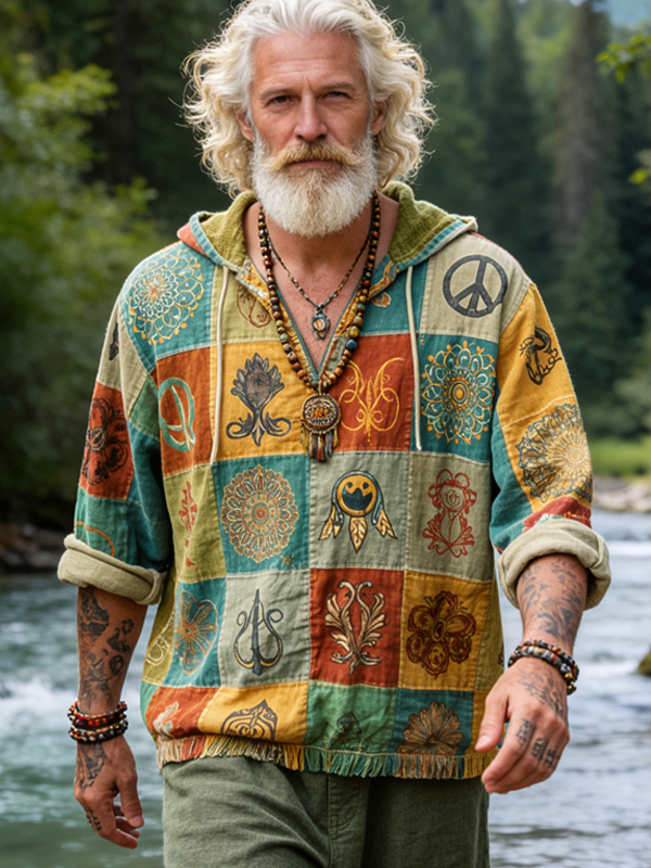 Men's Boho Patterned Hippie Peace Symbol Art Print Hoodie